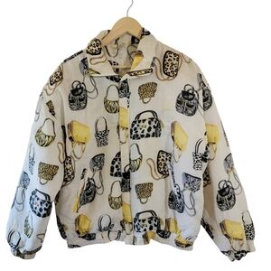 VTG 80's Novelty Silk Bomber Jacket Sz M Handbags Print Full-Zip Pocket Y2K Cozy